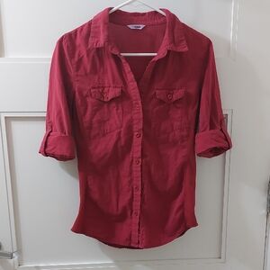Ci Sono Red 3/4 Sleeve Fitted Button Down Shirt